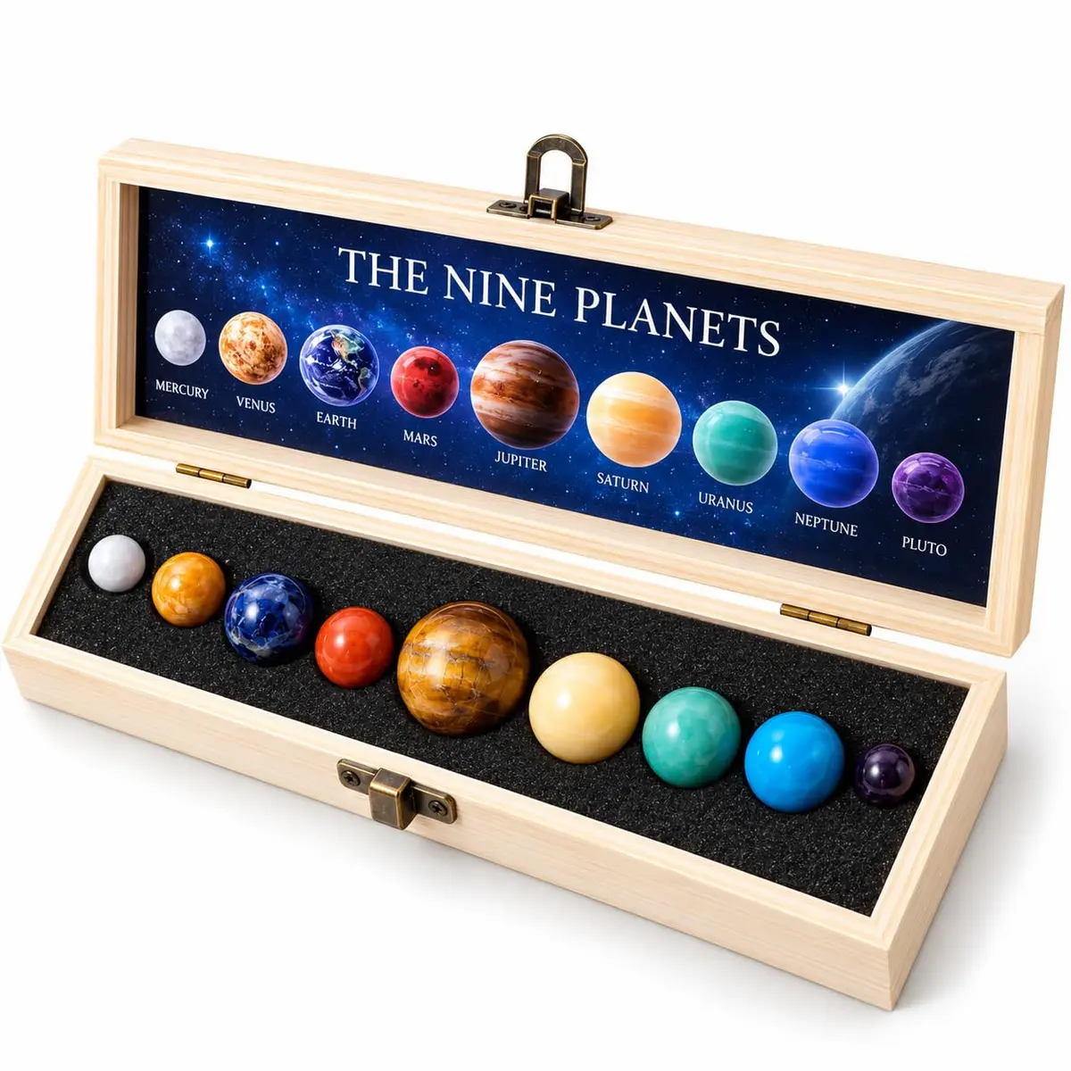 Kit Sistema Solar Pedras Naturais 9 Planetas Educativo Decorativo | Caixa de Madeira, Educativo e Decorativo, Inclui Plutão, Tamanhos Variados, Coleção Completa
