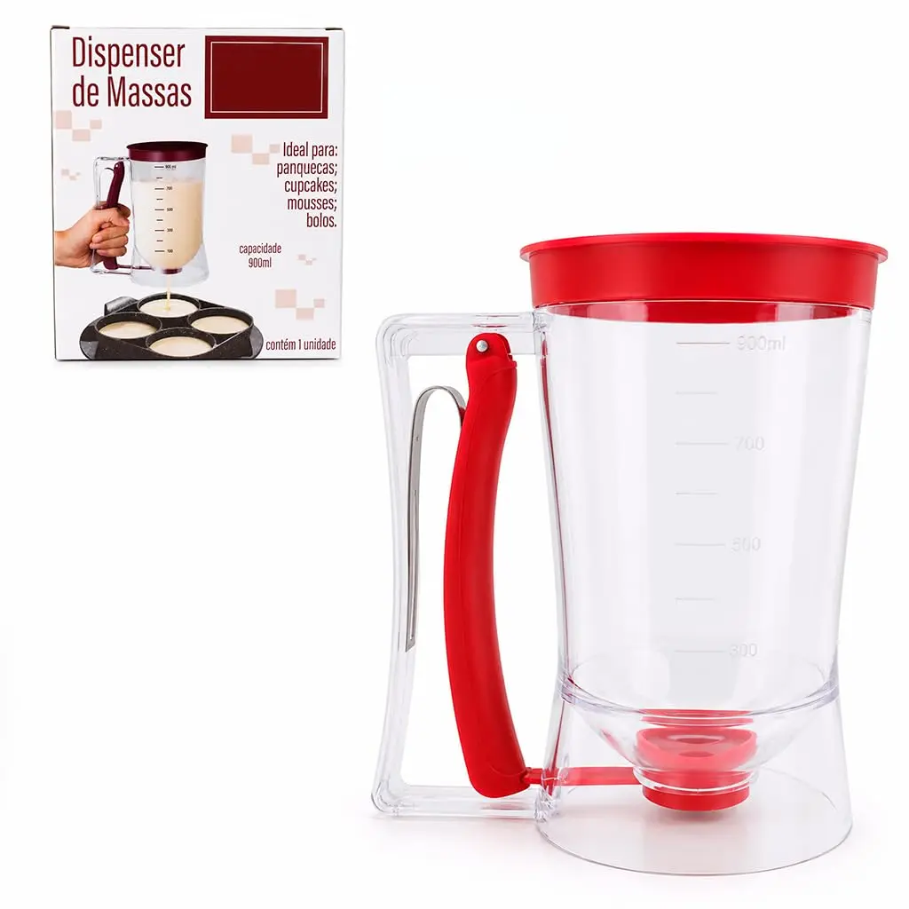 Dispenser Dosador de Massas Panquecas Cupcake Crepe 900ml Vermelho Premium | Fácil Manuseio, Escala de Medição, Cabo Ergonômico, Transparente, Dosagem Manual Prática, Plástico, Acessório de Cozinha