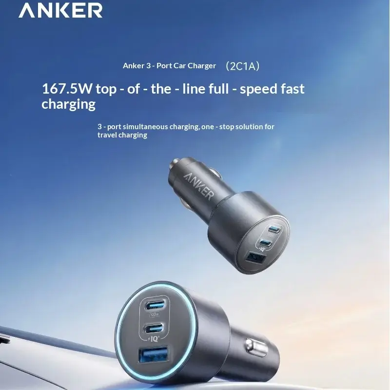 Carregador Rápido para Carro Anker 167.5w com 3 Portas, 2 Usb-C + 1 Usb-A Pd Qc3.0 Adaptador de Alta Velocidade para Carregamento de Múltiplos Dispositivos em Viagens