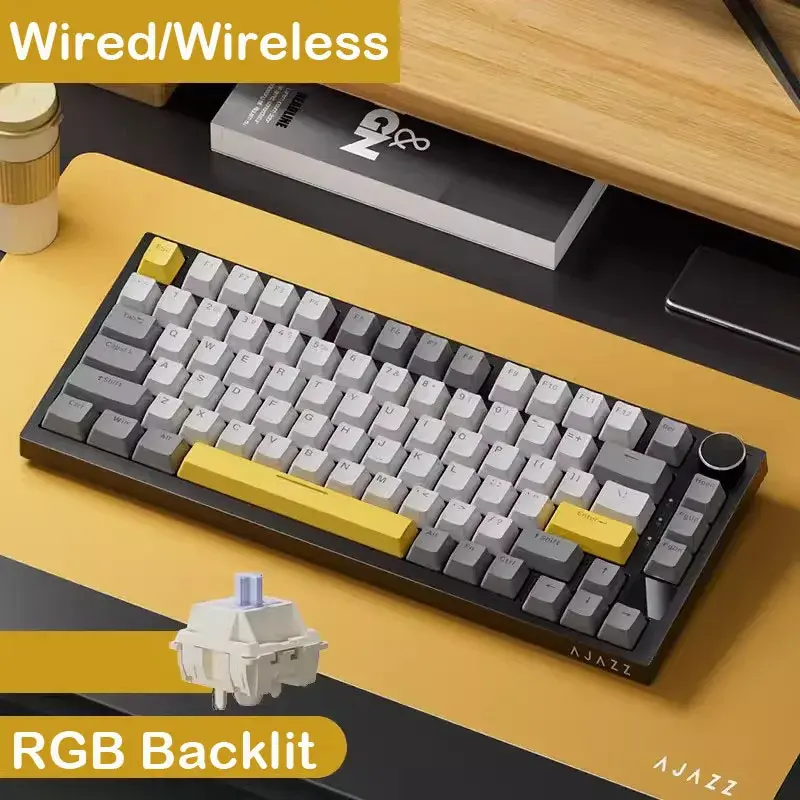 Ajazz ak820 pro teclado mecânico para jogos com fio e sem fio tri-mode rgb retroiluminado interruptores permutáveis a quente, layout compacto 70%, pc/mac