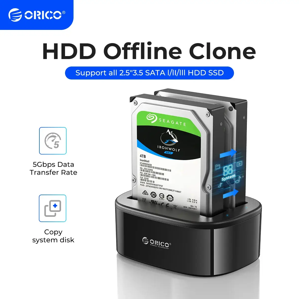 Estação de Docking ORICO Dual Bay para HDD com Clonagem Offline, Estação de Clonagem SATA para USB 3.0 para HDD/SSD de 2.5/3.5''