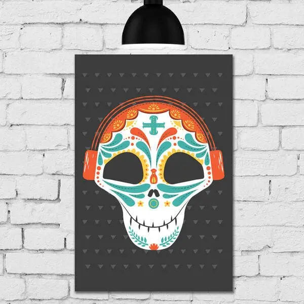 Placa Decorativa MDF Caveira Mexicana Com Fone de Ouvido 30x40 - 1
