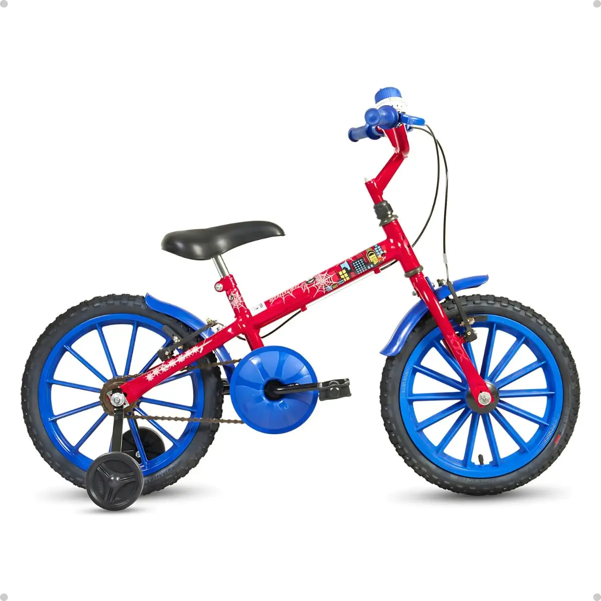 Bicicleta Infantil Aro 16 Menino Aranha Azul e Vermelho com Rodinhas