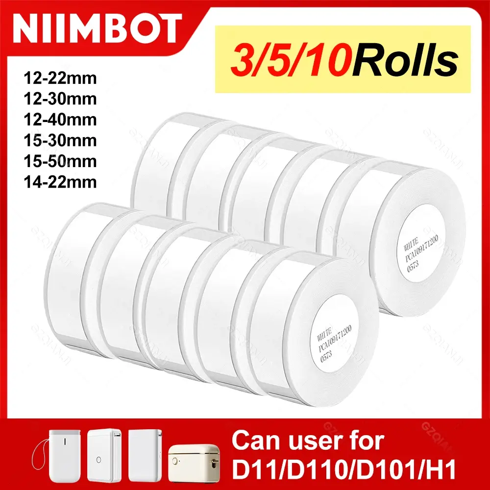 Papel Adesivo Térmico Branco NiiMBOT D101 D11 D110, Impermeável, 3/5/10 Rolos, Mais Barato e Oficial para Impressora - 1