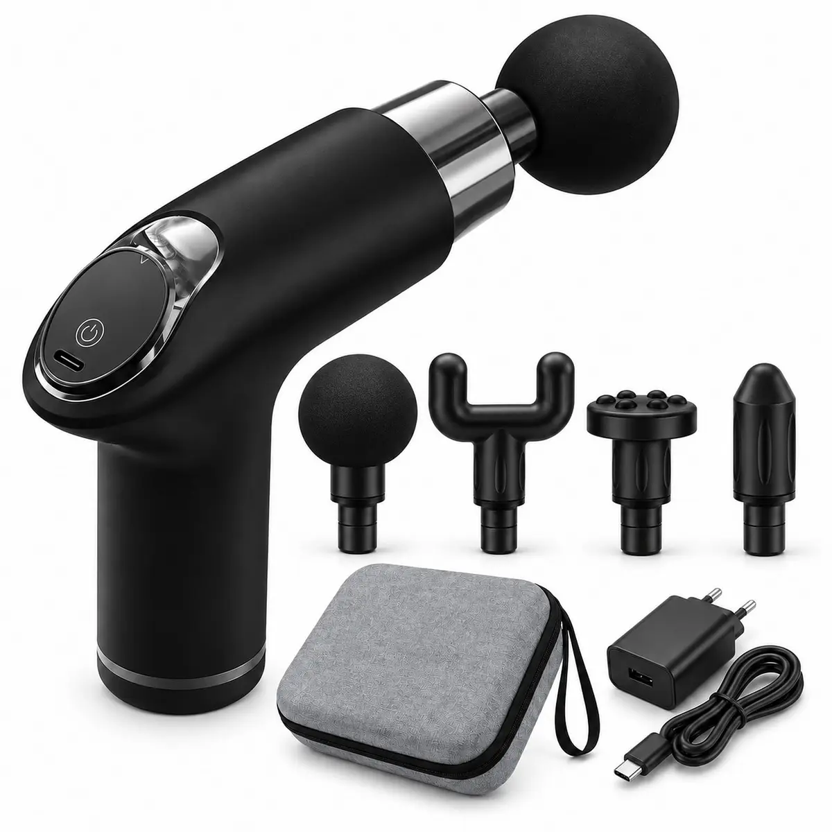 Massageador Elétrico Pistola Muscular Corporal Profissional, Massageador Corporal com 5 Velocidades, 4 Cabeças, Motor sem Escovas 2200–3200 RPM, Bateria 2500 mAh e Bolsa - 1