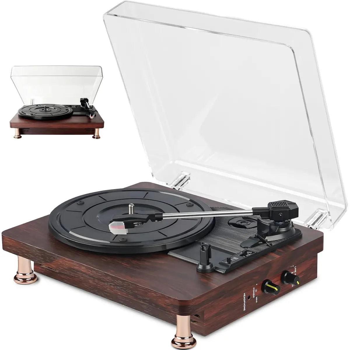 110-220 V Toca-discos Portátil Bluetooth para Discos de Vinil, Toca-discos Vintage com Entrada Bluetooth de 3 Velocidades, Reprodutor de Discos de Vinil com Alto-Falantes Embutidos