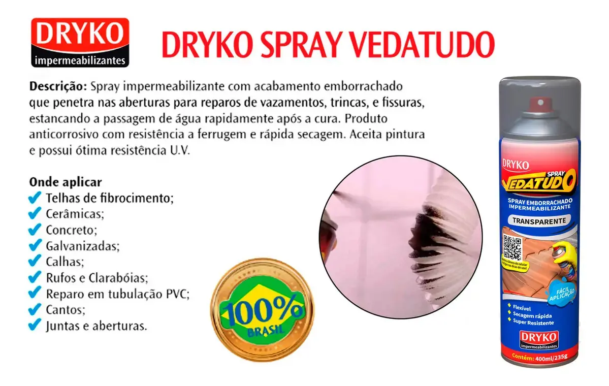 Spray Vedatudo Vazamentos De Agua Reparo Telha Laje Calha Transparente 400ml thumbnail 2