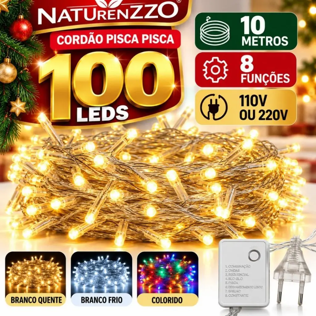 Pisca Pisca Natal 100 LEDs 10 Metros 8 Funções 110V 220V Branco Quente Branco Frio Colorido Fio Branco Naturenzzo