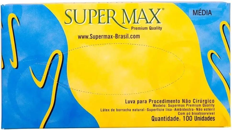 Caixa de luva descartável de procedimento látex 100 unidades c/pó supermax/safemax