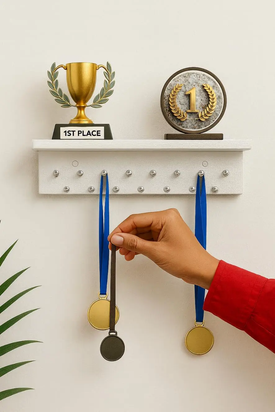 Porta Medalhas e Troféus Premium, MDF, 15 Pinos, Prateleira Decorativa - 1