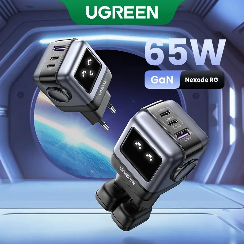 Carregador UGREEN 65W GaN (Design Uno Robot) Quick Charge 4.0 3.0 PPS PD para Carga Rápida, Compatível com iPhone 18 17 16 Pro, Macbook, Laptop e Tablet - 1