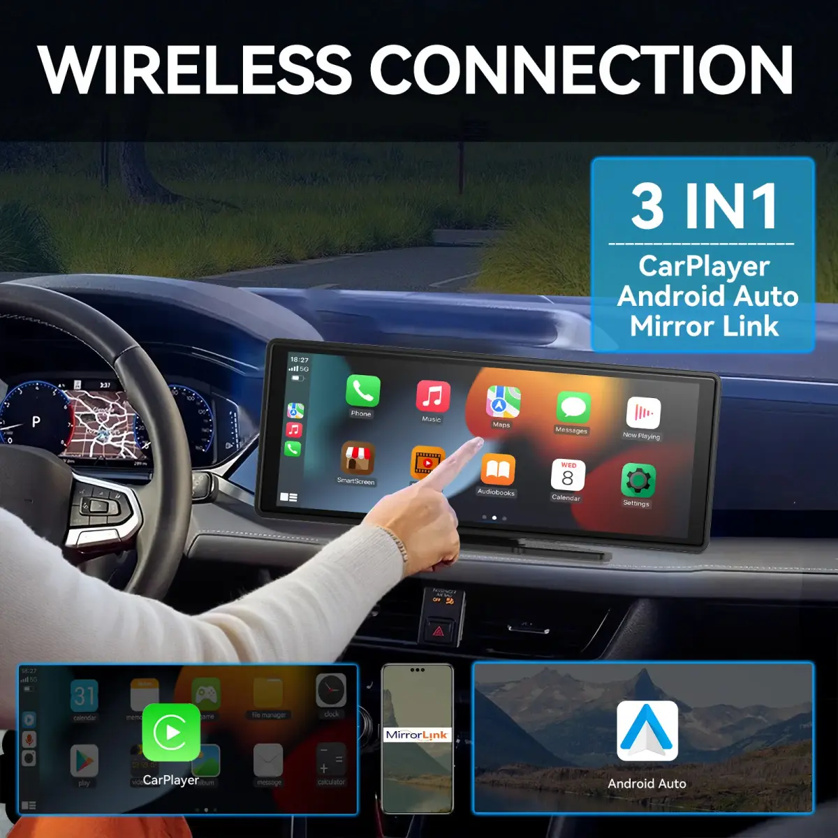 Carplay portátil universal para tela de carro, rádio de carro multimídia wifi player de vídeo tela carplay sem fio para apple ou android - 1