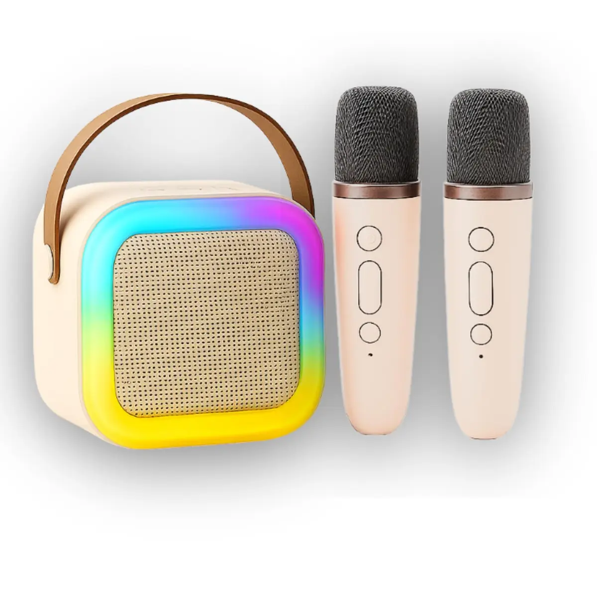 Karaokê Infantil Portátil com LED, Caixa de Som Bluetooth, 2 Microfones Sem Fio, Recarregável, Modos de Voz Divertidos (Bege)