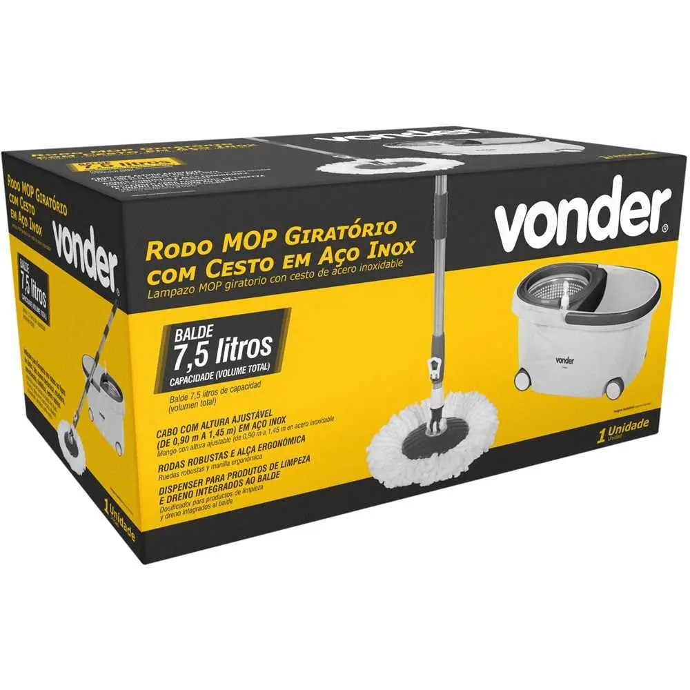 Rodo Mop Giratório com Cesto de 7,5 litros em Aço Inox Vonder | Material do cabo: Aço inox | Comprimento do cabo para vassoura: de 0,90 m a 1,45 m - 1