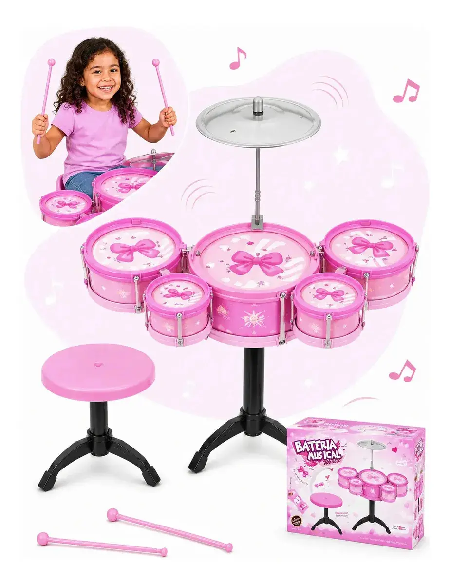 Mini Bateria Infantil Completa Com Banquinho Instrumento 5 Tambores Brinquedo Menino Criança Kizumba Cor Rosa - 1