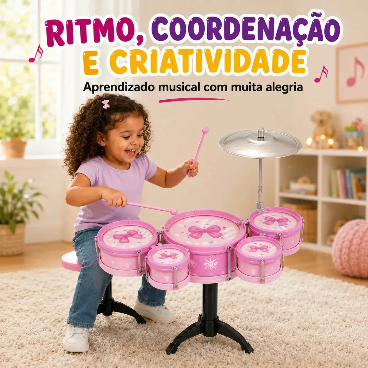 Mini Bateria Infantil Completa Com Banquinho Instrumento 5 Tambores Brinquedo Menino Criança Kizumba Cor Rosa thumbnail 2