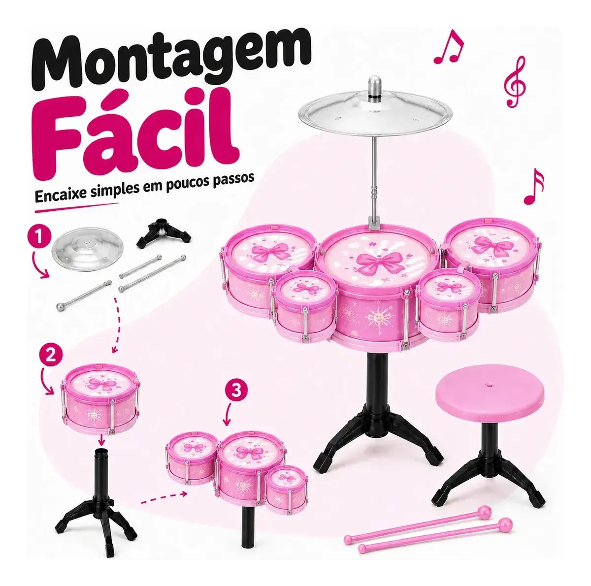 Mini Bateria Infantil Completa Com Banquinho Instrumento 5 Tambores Brinquedo Menino Criança Kizumba Cor Rosa thumbnail 3