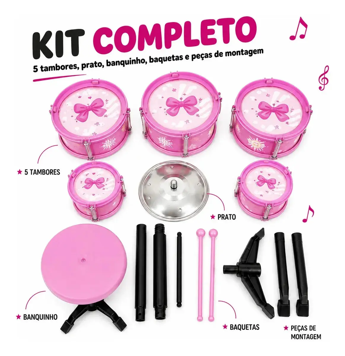 Mini Bateria Infantil Completa Com Banquinho Instrumento 5 Tambores Brinquedo Menino Criança Kizumba Cor Rosa thumbnail 6
