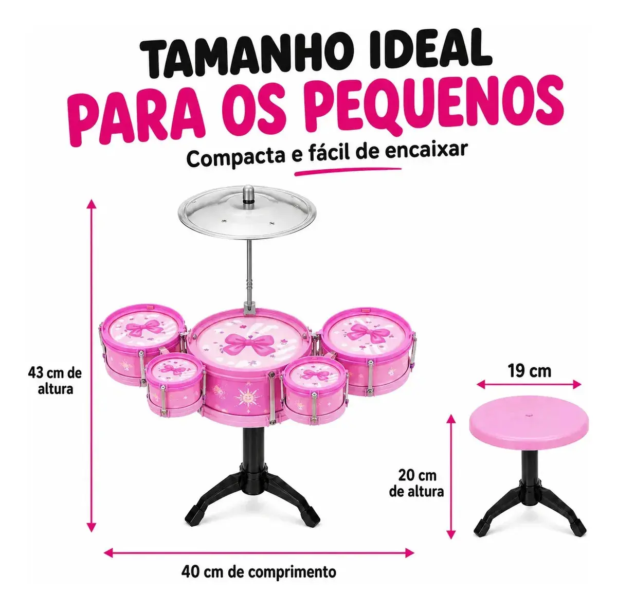 Mini Bateria Infantil Completa Com Banquinho Instrumento 5 Tambores Brinquedo Menino Criança Kizumba Cor Rosa thumbnail 7
