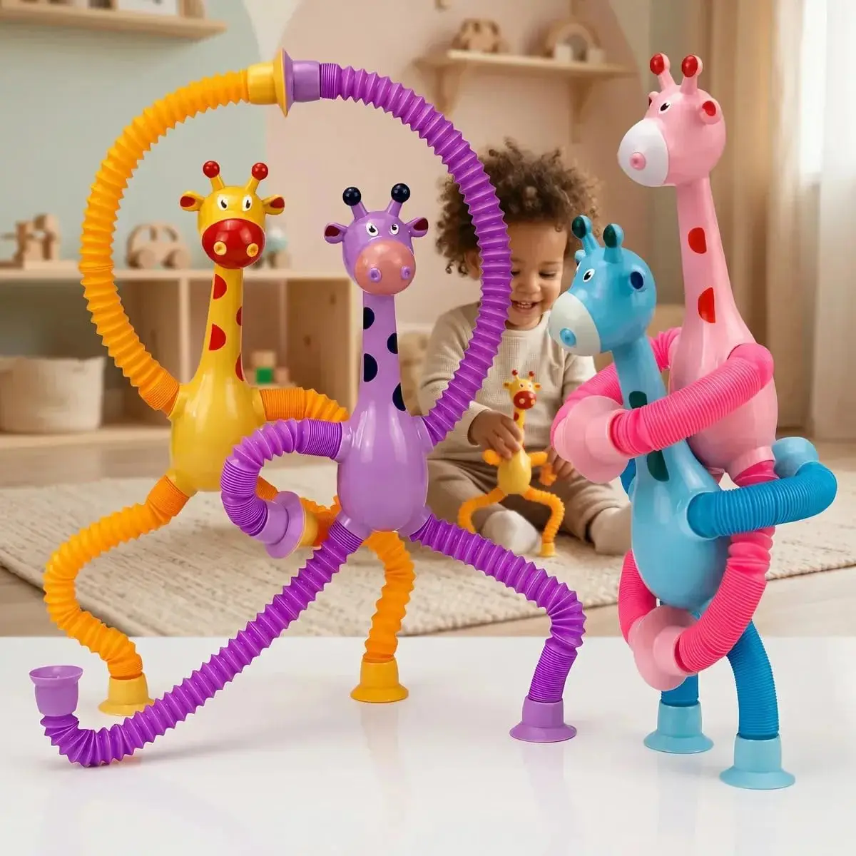 10 Girafas Estica e Puxa com Ventosa que Gruda Brinquedo Infantil Tubo Brilha LED