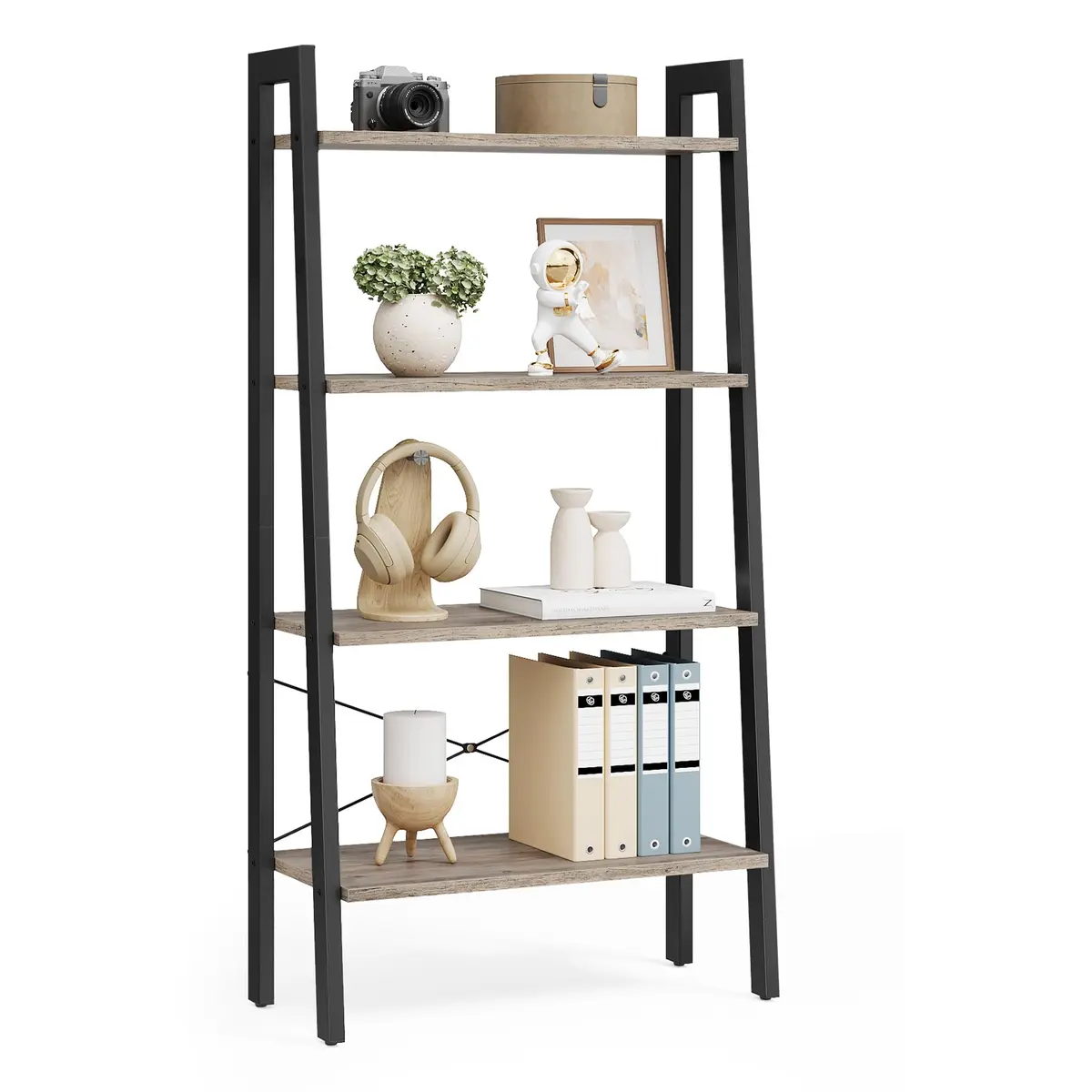 VASAGLE Estante Escada, Estante de Livros com 4 Níveis, Quarto, Cozinha, Escritório, Estilo Industrial, Estrutura de Aço, Greige e Preto Tinta BRLLS44MBV2