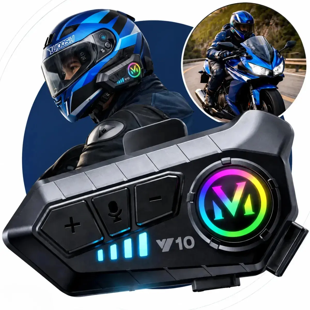 Fone De Ouvido Para Capacete Intercomunicador Bluetooth Headset Rgb Sem Fio Música GPS Chamadas Handsfree Alta Potência Woosh - 1