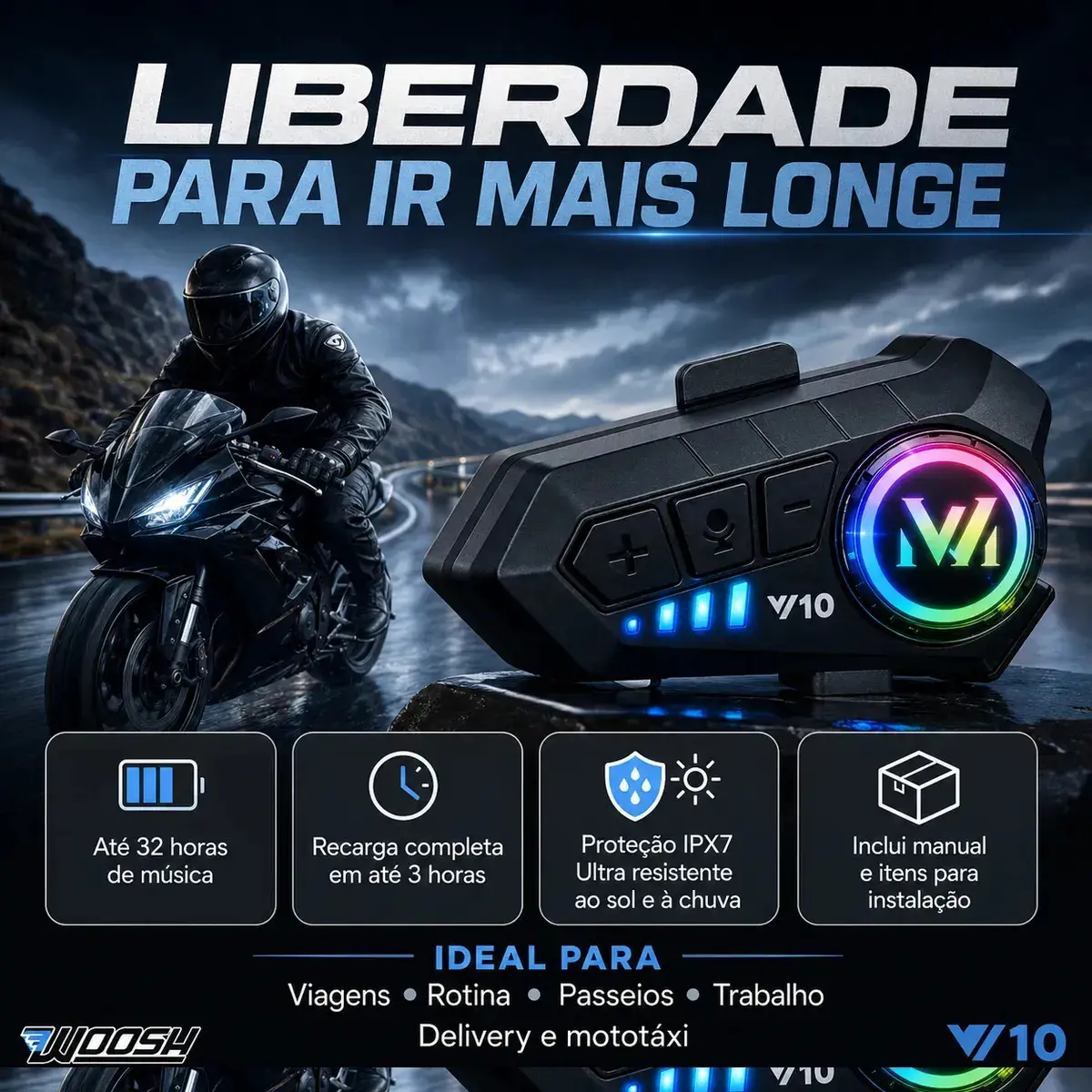 Fone De Ouvido Para Capacete Intercomunicador Bluetooth Headset Rgb Sem Fio Música GPS Chamadas Handsfree Alta Potência Woosh thumbnail 2