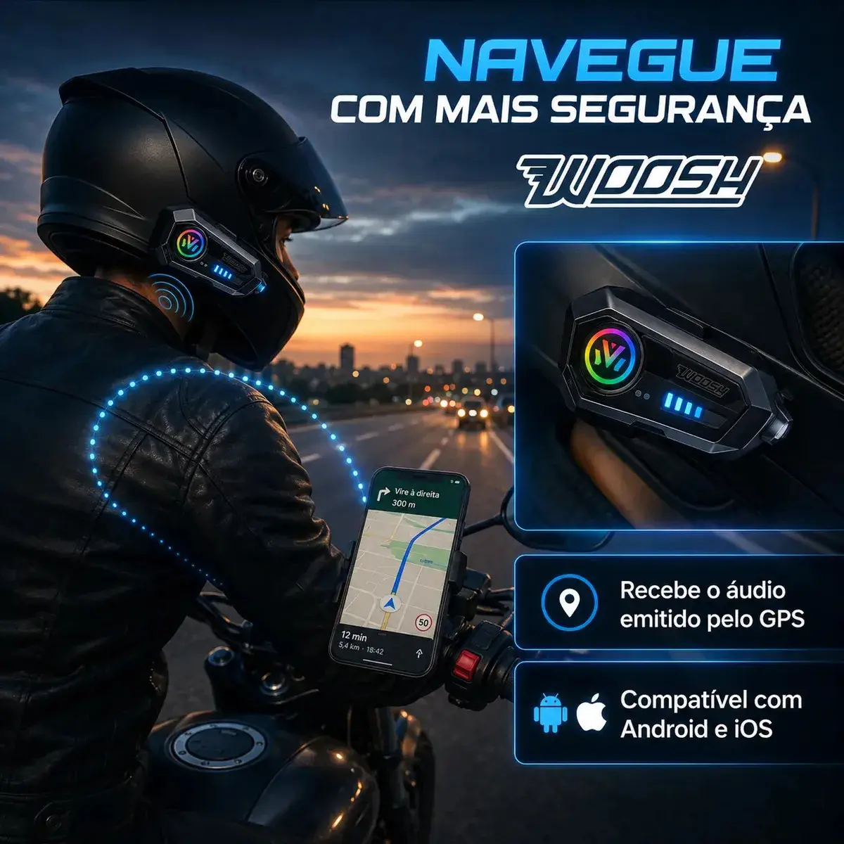 Fone De Ouvido Para Capacete Intercomunicador Bluetooth Headset Rgb Sem Fio Música GPS Chamadas Handsfree Alta Potência Woosh thumbnail 3