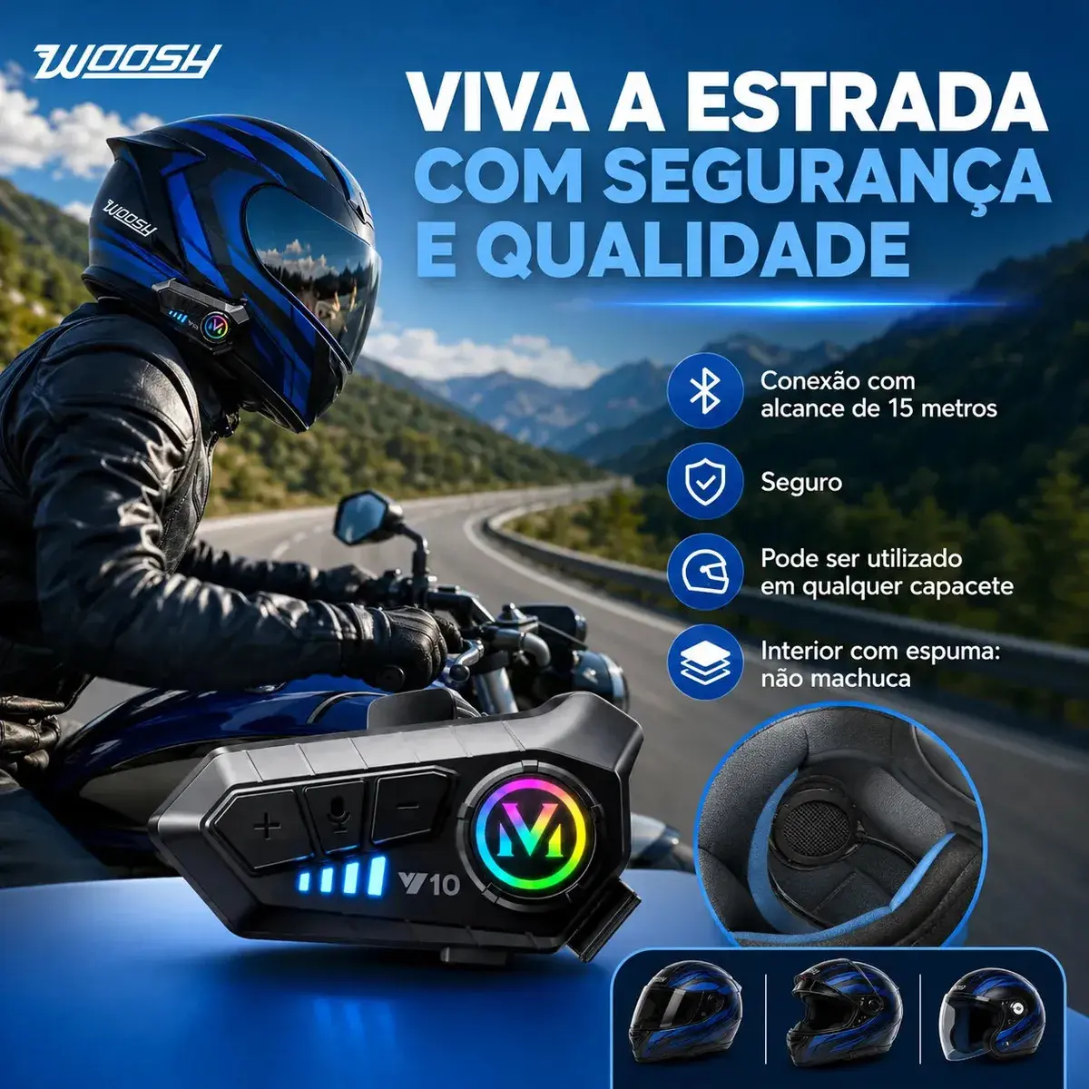 Fone De Ouvido Para Capacete Intercomunicador Bluetooth Headset Rgb Sem Fio Música GPS Chamadas Handsfree Alta Potência Woosh thumbnail 4