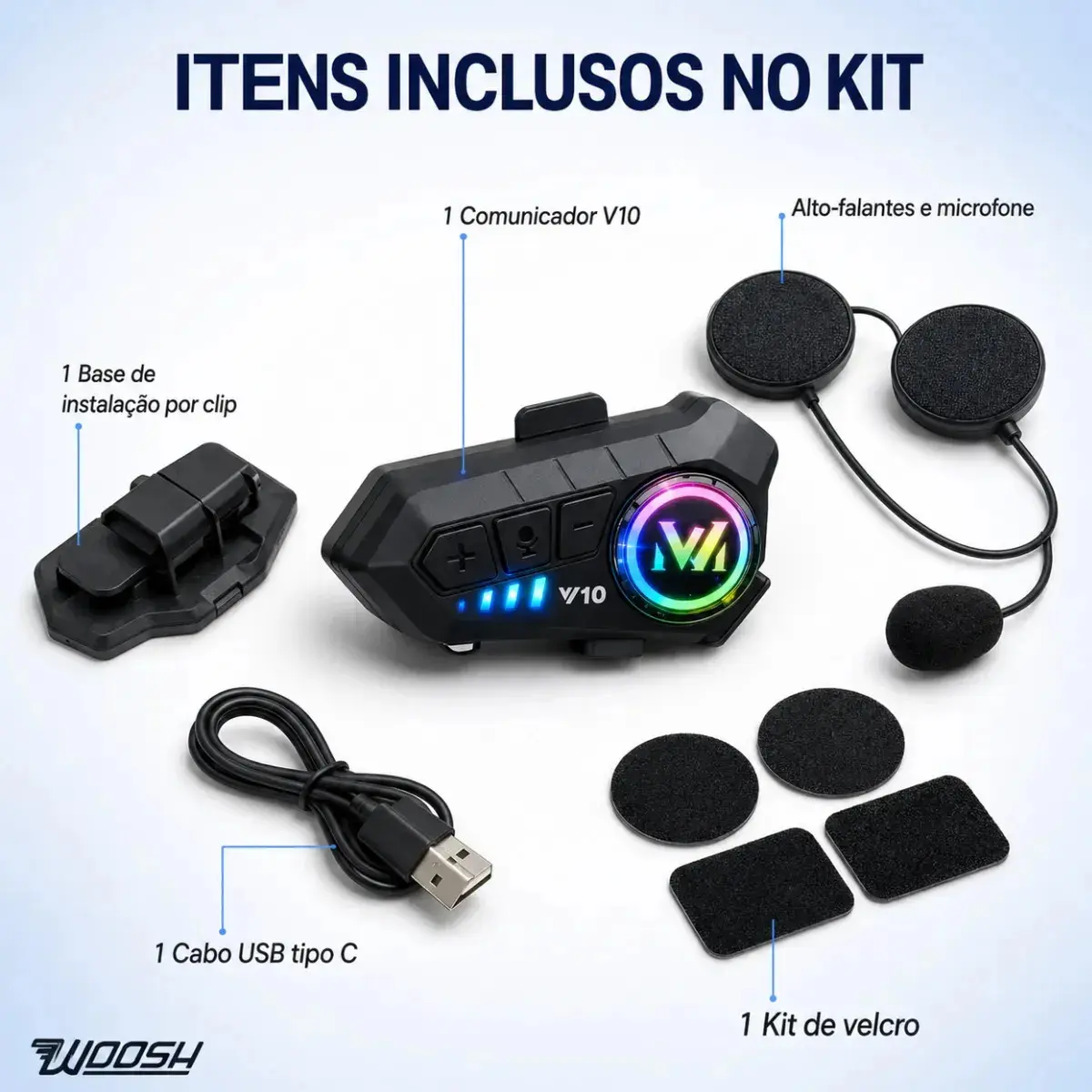 Fone De Ouvido Para Capacete Intercomunicador Bluetooth Headset Rgb Sem Fio Música GPS Chamadas Handsfree Alta Potência Woosh thumbnail 6