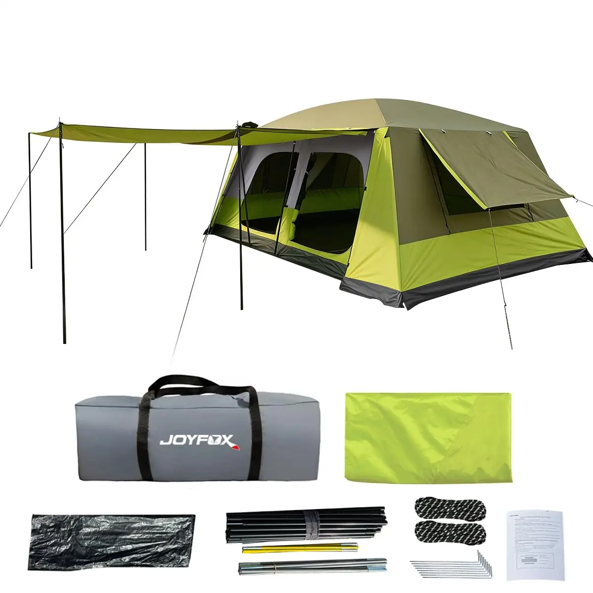 JOYFOX Barraca de Camping para 10 Pessoas, Impermeável 4000mm com Varanda Grande, Barraca Familiar de Camada Dupla, Tenda de Acampamento Espaçosa com Proteção UV e Mosquiteiro, 380x260x195cm