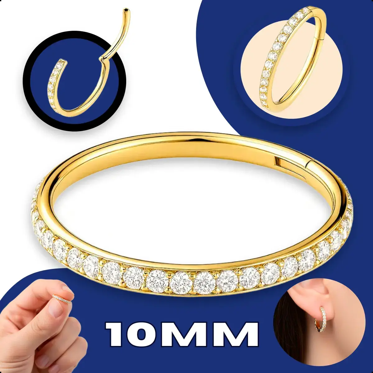 Piercing Titânio Argola Click Cravejada 10mm Dourado Addiesdive® - 1