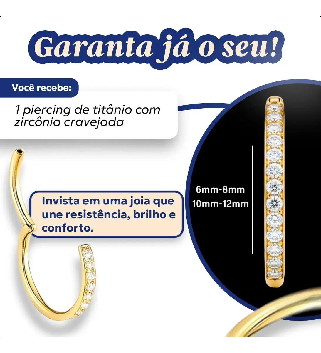 Piercing Titânio Argola Click Cravejada 10mm Dourado Addiesdive® thumbnail 4