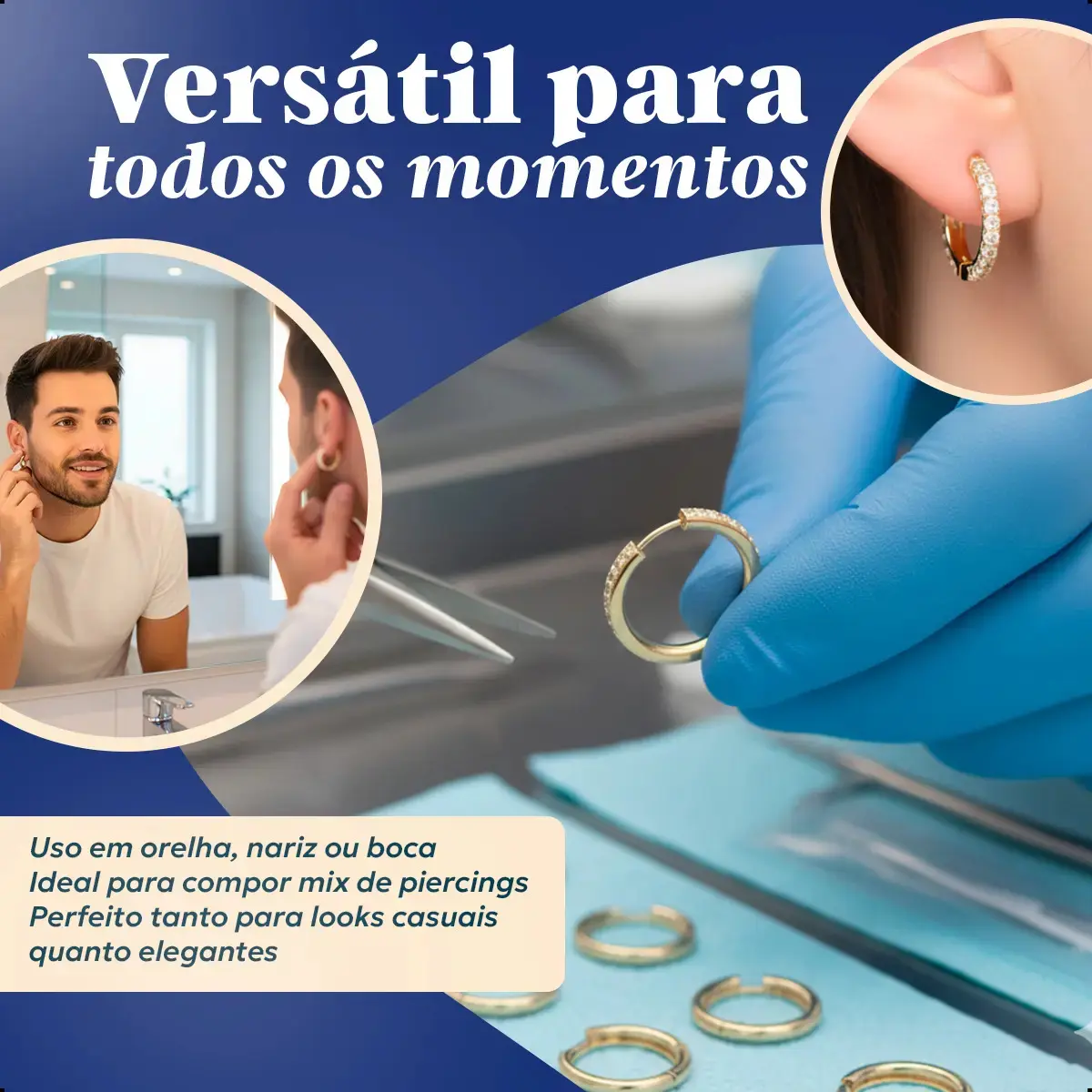 Piercing Titânio Argola Click Cravejada 10mm Dourado Addiesdive® thumbnail 5