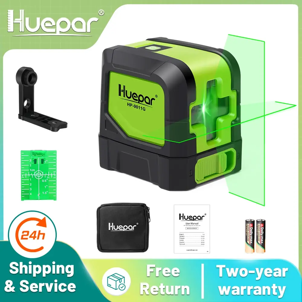 Huepar-Nível Laser de Auto Nivelamento Verde e Vermelho, Linha Cruzada Horizontal e Vertical com Base Magnética, 2 Linhas, 4 Graus