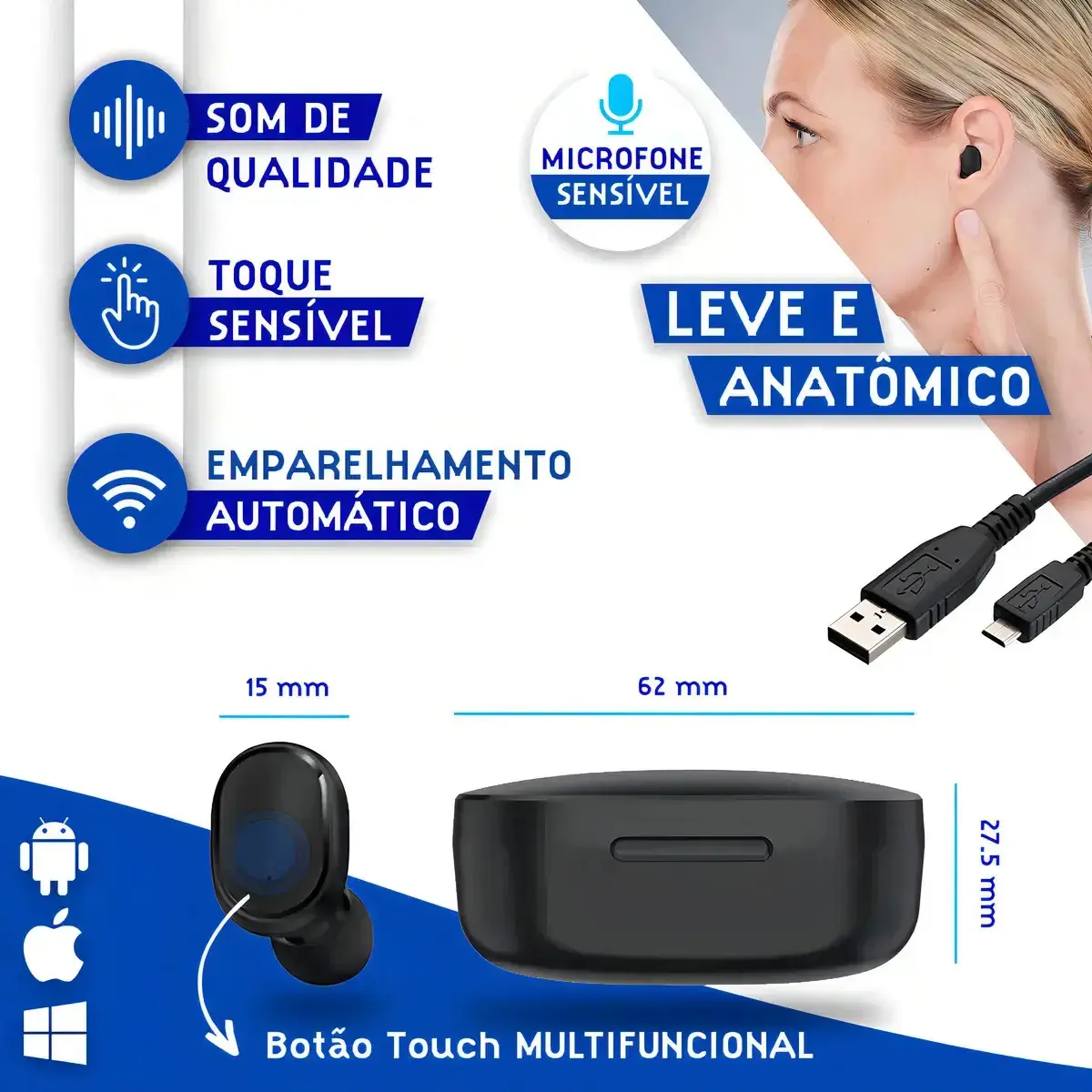 Hivi Fone De Ouvido Bluetooth 5.0 Par Sem Fio Duplo Cor Preto thumbnail 3