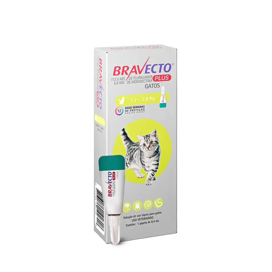 Bravecto® Plus Gatos Transdermal 112,5mg 1,2 a 2,8kg 1 Pipeta 0,4ml | Antipulgas, Sarna de ouvido, Vermes intestinais, MSD Saúde Animal - 1