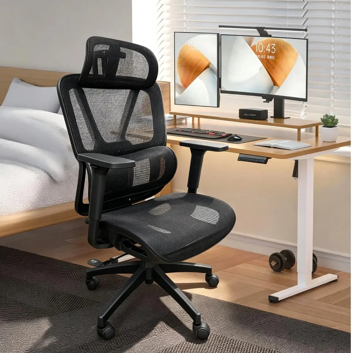 Cadeira Ergonômica Escritório, Malha Respirável, Apoio Lombar, Preto | com Apoio de Pés, Ajustável