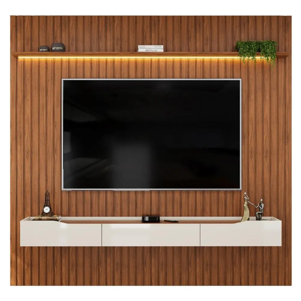 Painel Para TV Até 85 Polegadas 2,50m Ripado Autêntico Com Led Montreal Com Nicho Efraín