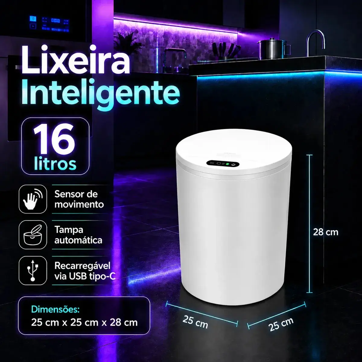 Lixeira Inteligente Automático 16l Para Casas Cozinhas Banho Branco thumbnail 2