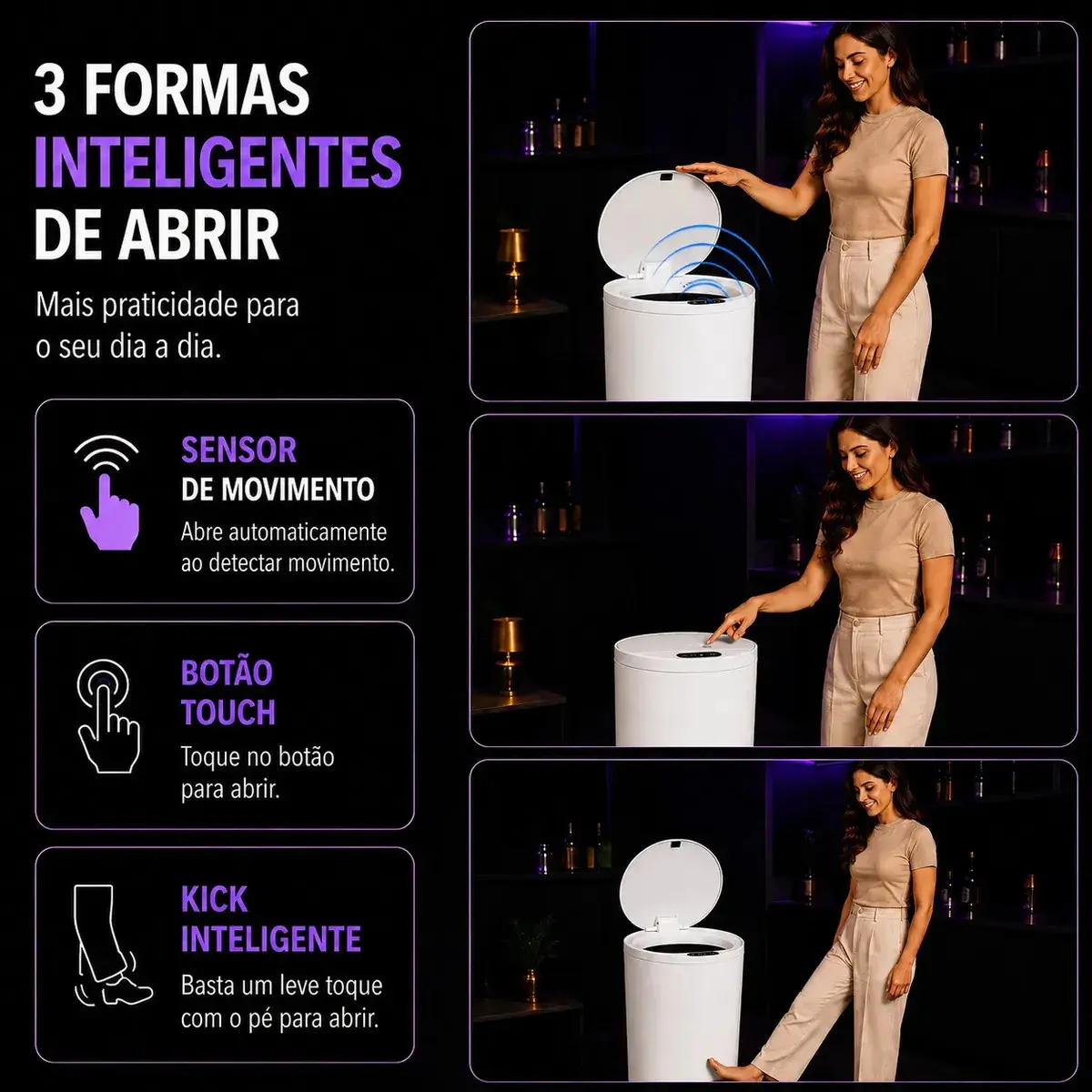 Lixeira Inteligente Automático 16l Para Casas Cozinhas Banho Branco thumbnail 3