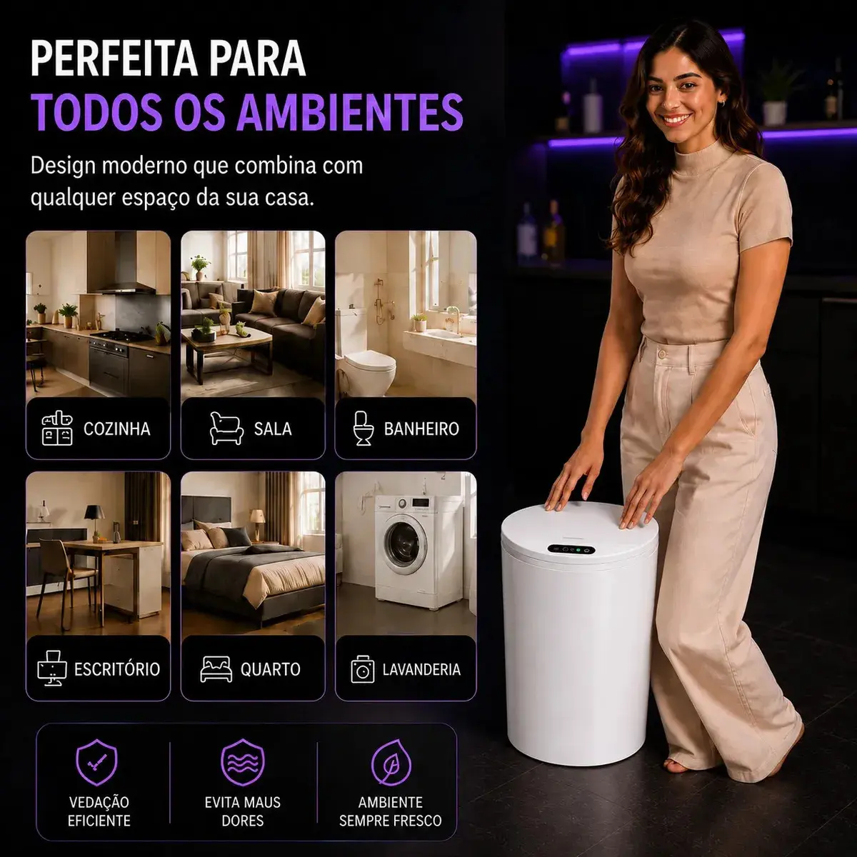 Lixeira Inteligente Automático 16l Para Casas Cozinhas Banho Branco thumbnail 5