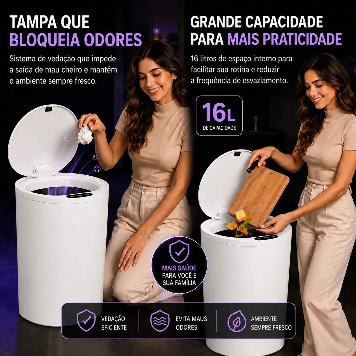 Lixeira Inteligente Automático 16l Para Casas Cozinhas Banho Branco thumbnail 6
