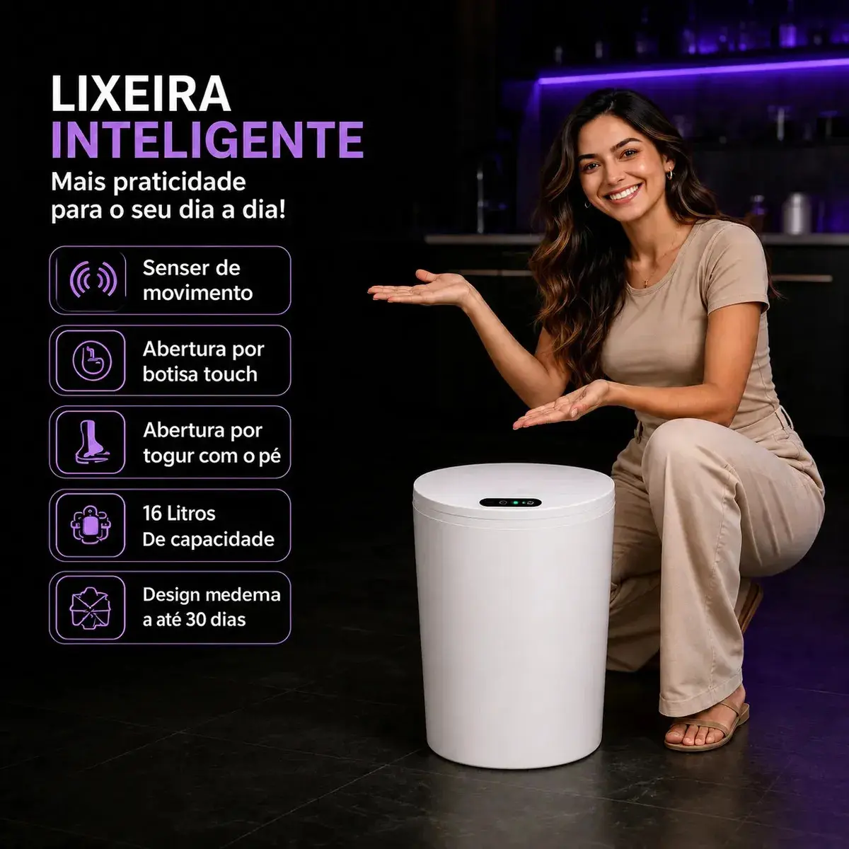 Lixeira Inteligente Automático 16l Para Casas Cozinhas Banho Branco thumbnail 7