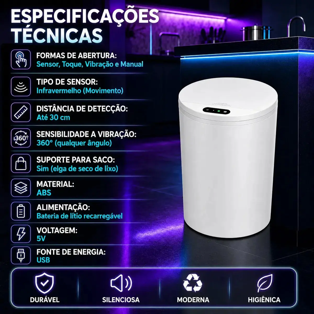 Lixeira Inteligente Automático 16l Para Casas Cozinhas Banho Branco thumbnail 8