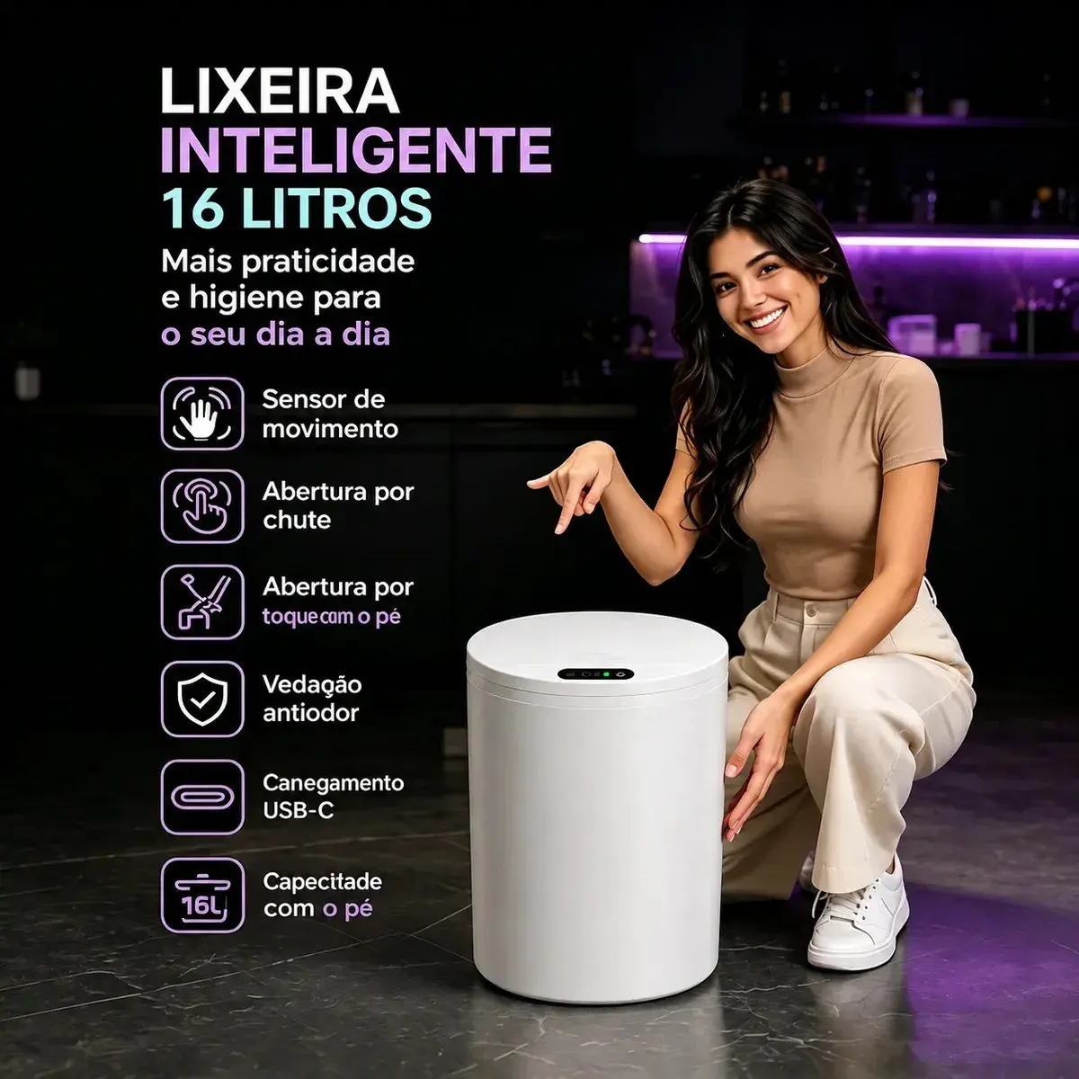 Lixeira Inteligente Automático 16l Para Casas Cozinhas Banho Branco thumbnail 9