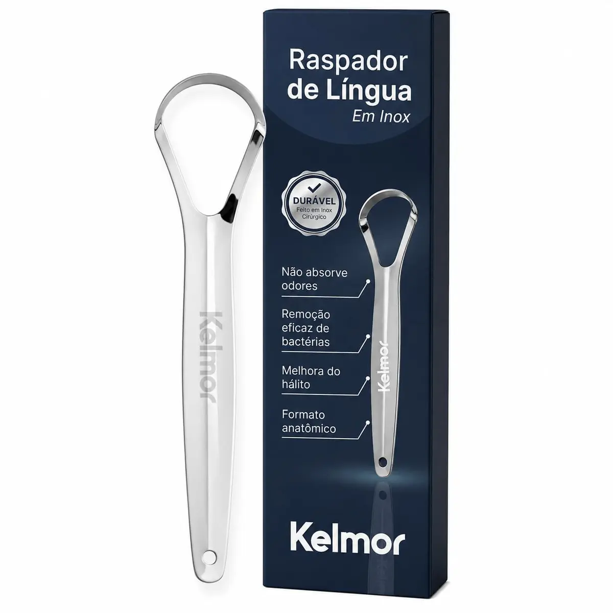 KELMOR Raspador De Língua Inox Cirúrgico Limpador Bucal Profissional Escova de Língua em Aço Inoxidável Higiene Oral Combate Mau Hálito Fácil Uso e Limpeza Durável e Anatômico