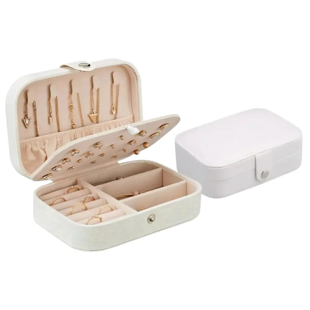Porta Joias Viagem Dupla Camada com Chave Organizador de Veludo para Colares e Anéis (Branco)