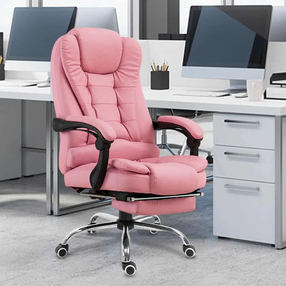 Cadeira De Escritório, Cadeira De Com Apoio Para Os Pés E Encosto Ajustável (Rosa)