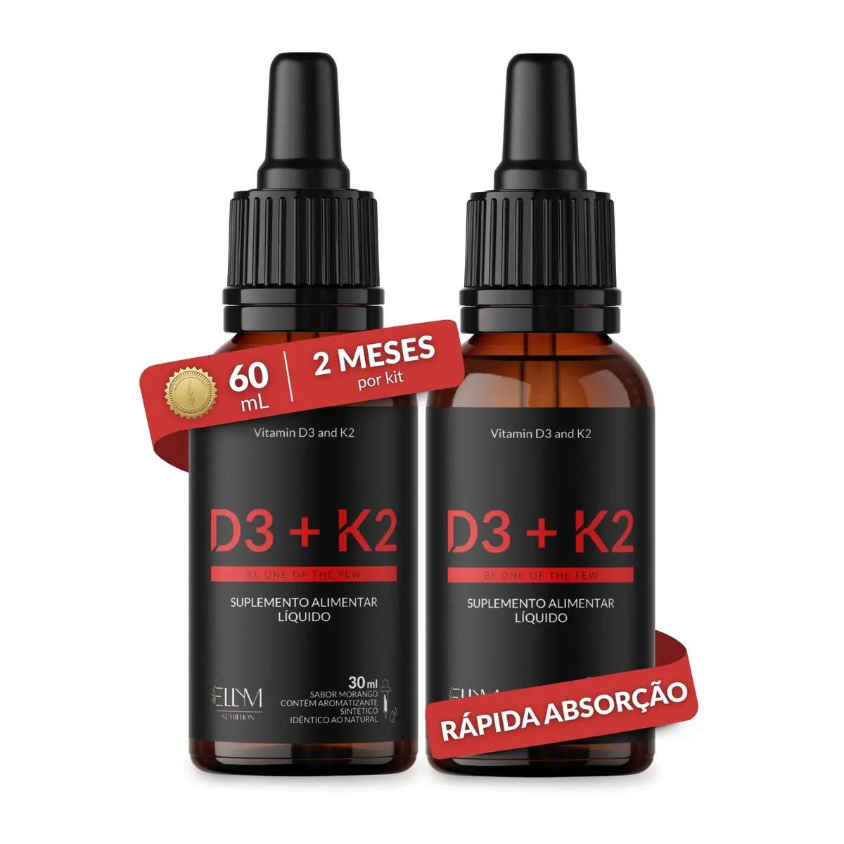 Vitamina D3 K2 MK7 Gotas 2000UI 120mcg 60ml Colecalciferol ELLYM NUTRITION | 2 Frascos Menaquinona 7 Ativa Sublingual Sabor Morango Oleo Linhaca Absorcao Calcio Fosforo Ossos Muscular Sistema Imune - 1